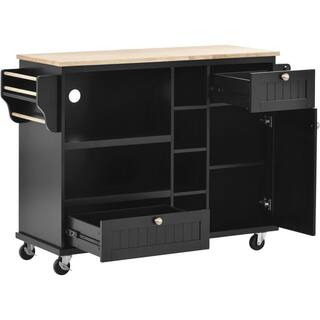 Tileon Black Kitchen Island Cart With Microwave Storage Cabinet Solid wood top 2-Locking Wheels Buffet Server Sideboard AYBSZHD2019