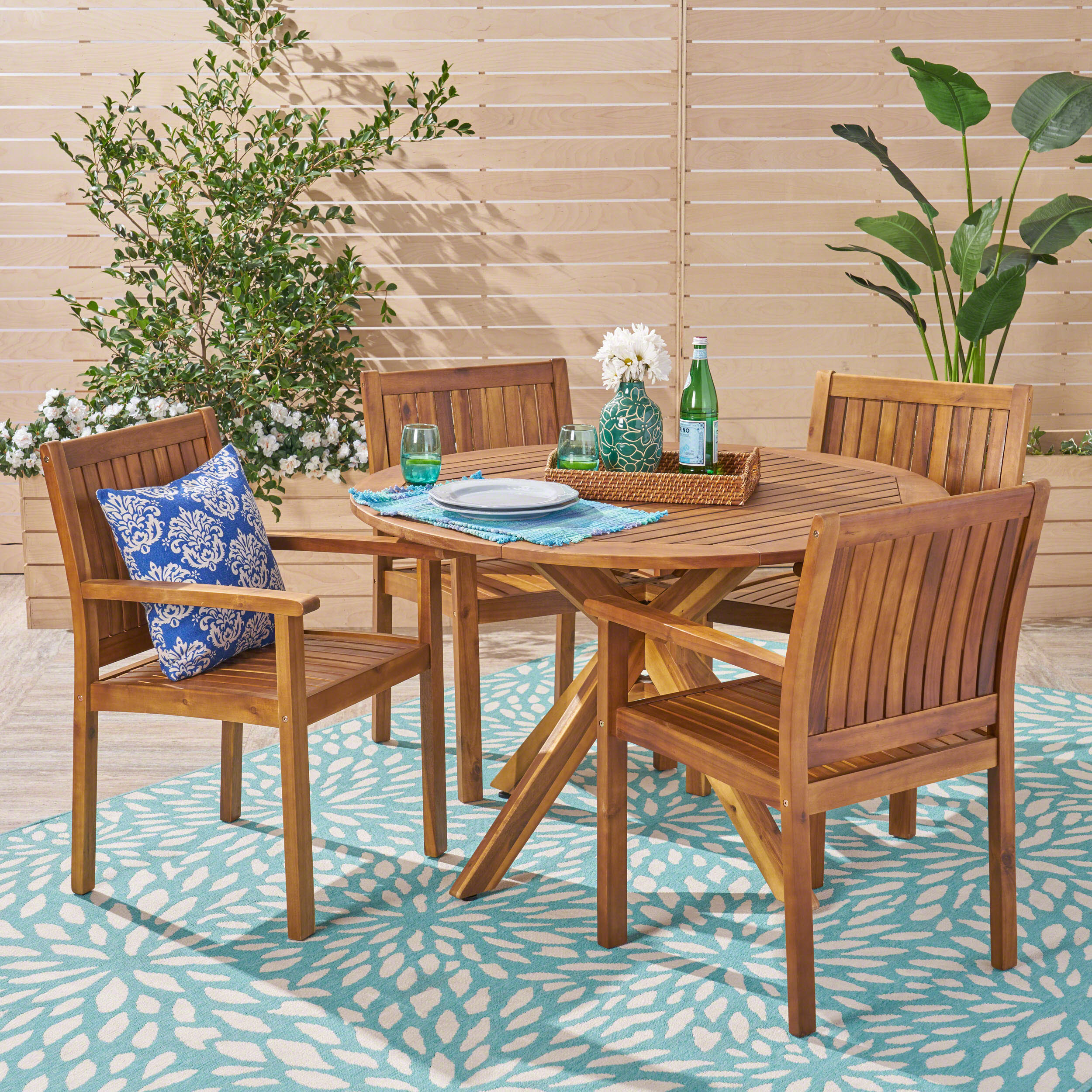 Kally Outdoor Five Piece Acacia Dining Set, Teak Finish