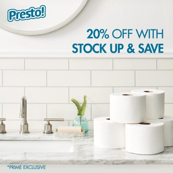 Amazon Brand – Presto! 2-Ply Toilet Paper, Ultra-Soft, Unscented, 24 Rolls (4 Packs of 6), Equivalent to 120 regular rolls