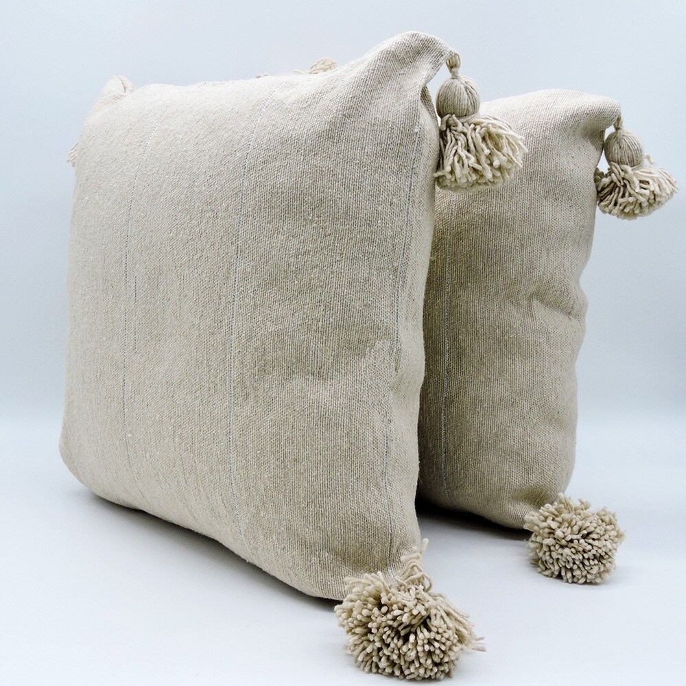 Moroccan Handmade Cotton PomPom Throw Pillow Cover Beige 19 x 19 Inches.