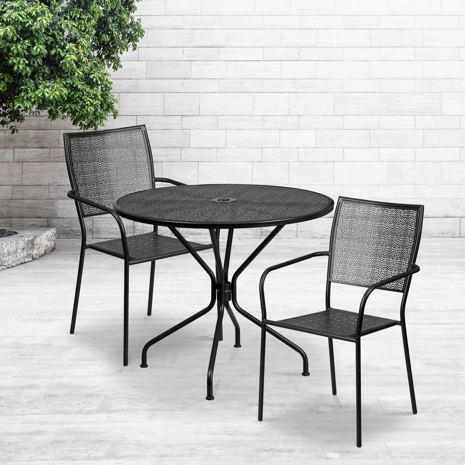 Emma and Oliver Commercial Grade 35.25 Round Coral Patio Table Set-2 Square Back Chairs