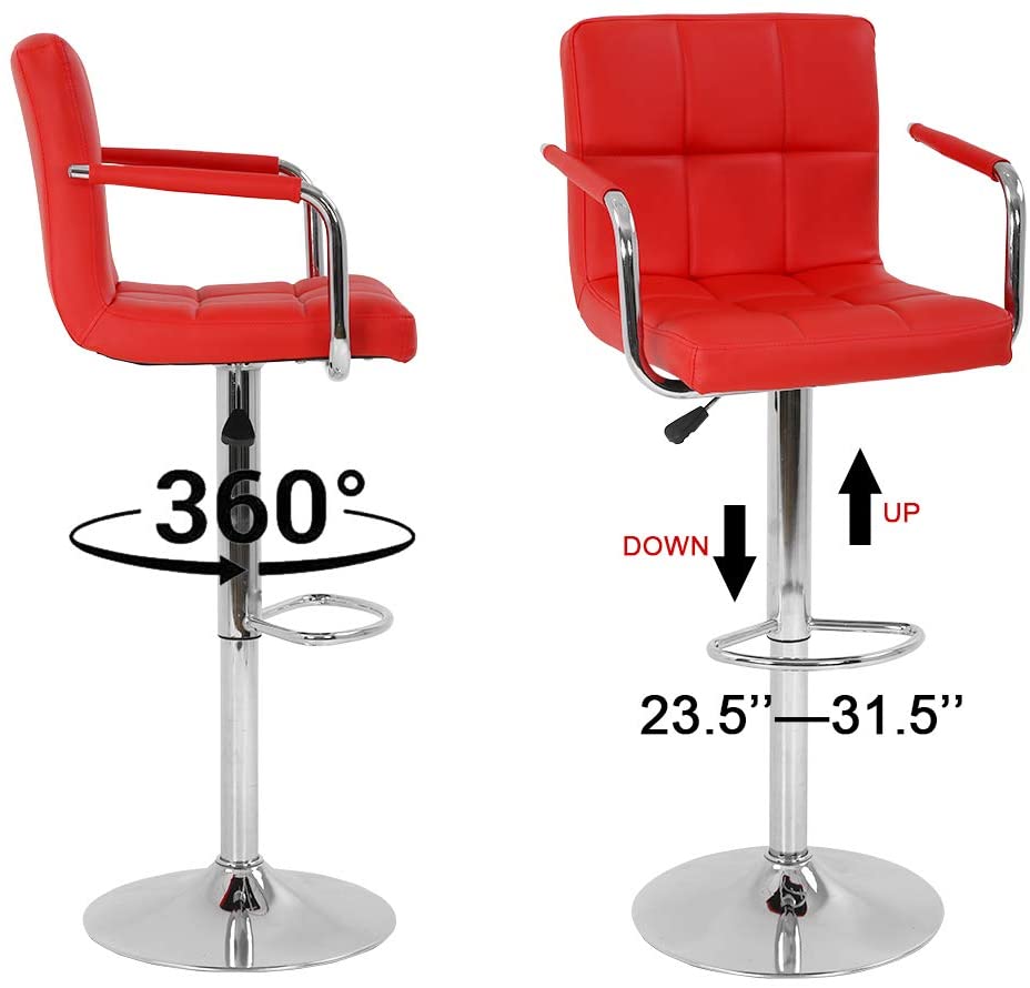 BestOffice Bar Stool with Adjustable Height and 360-Degree Swivel， Red， Set of 2， Low back， Metal