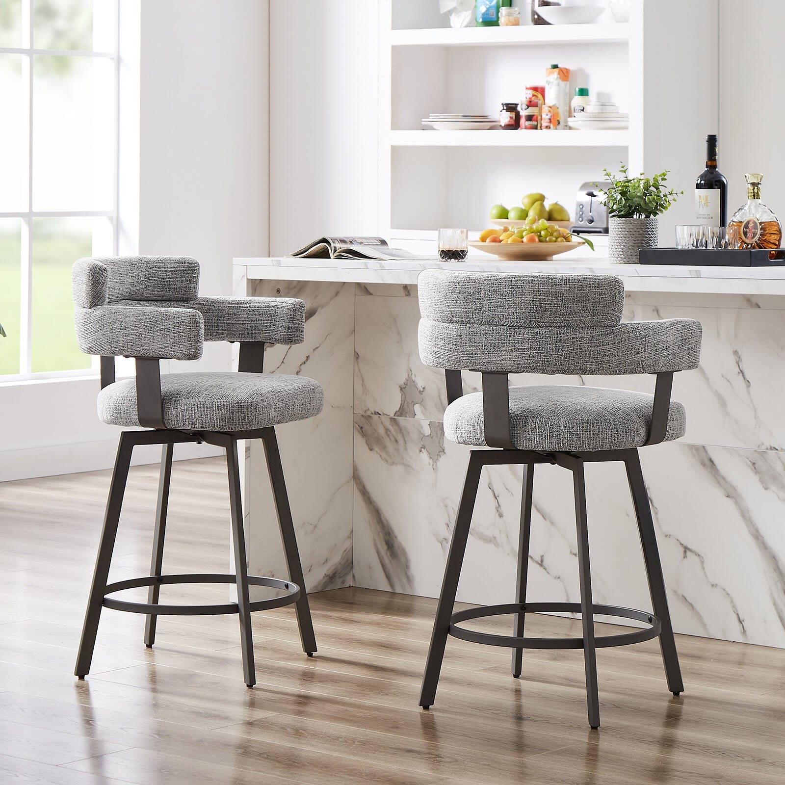 Hausfame Set of 2 Linen Swivel Counter and Bar Stool with Metal Footrest - N/A