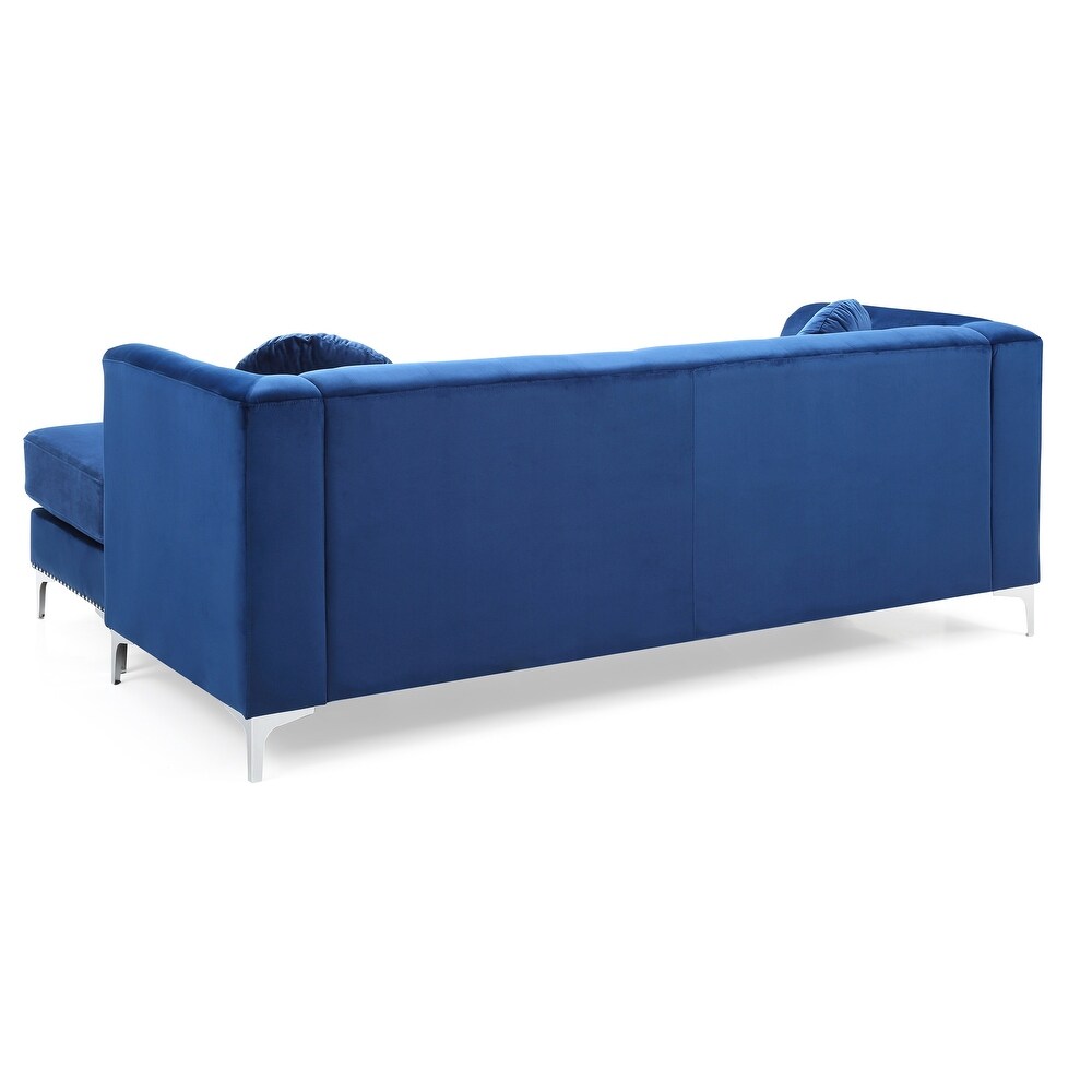 Pompano 83 in. Navy Blue Velvet L Shape 3 Seater Sofa with 2 Throw Pillow   83\