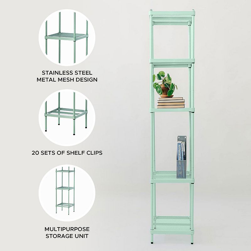 Design Ideas Meshworks 5 Tier Tower Metal Storage Shelving Unit Rack， Sage Green