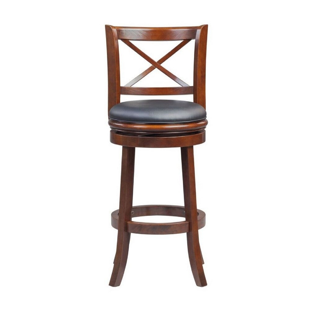 Gia 29 Inch Swivel Bar Stool， Solid Wood， Rich Vegan Faux Leather， Brown - 19.5 L x 18 W x 43.5 H; in inches