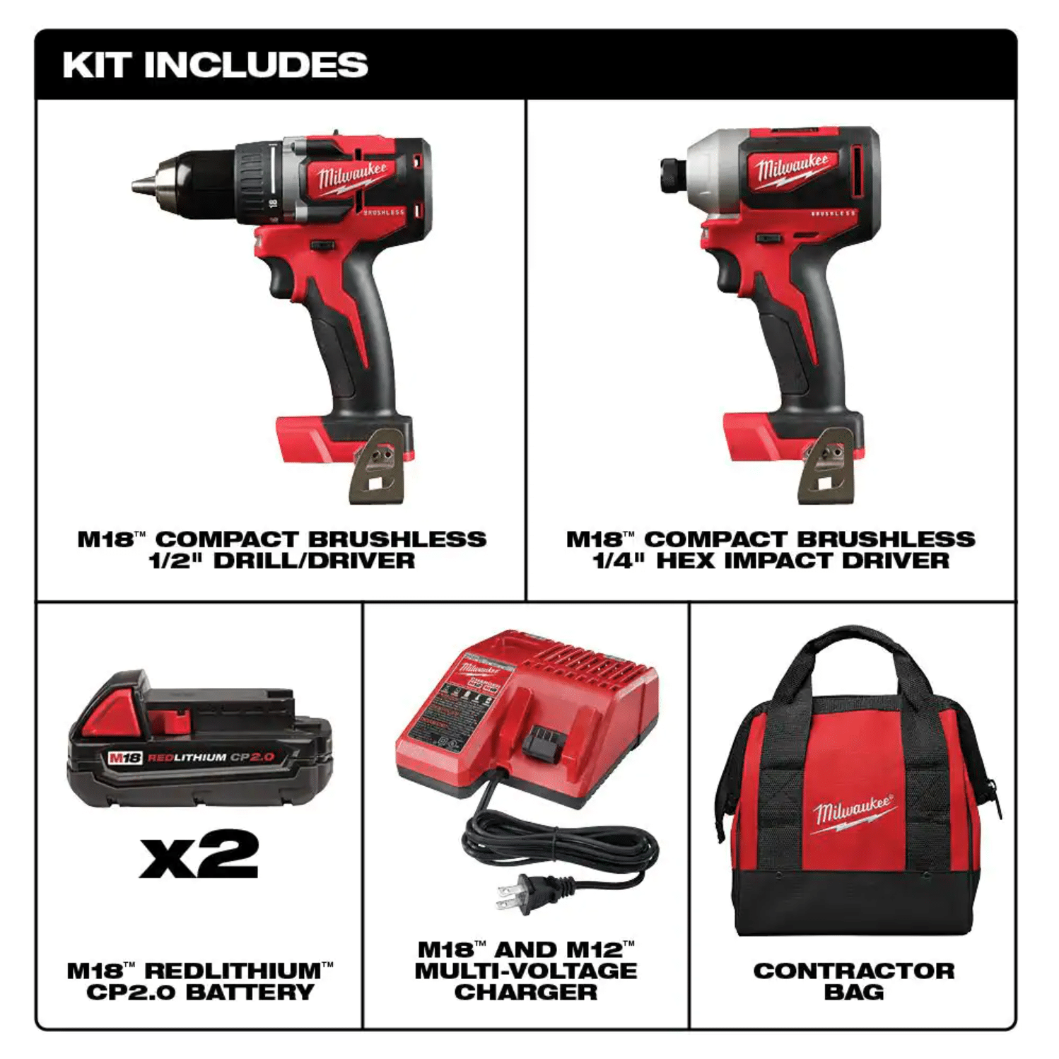 Milwaukee M18 18-Volt Lithium-Ion Brushless Cordless Compact Drill/Impact Kit W/ SHOCKWAVE Bit Set