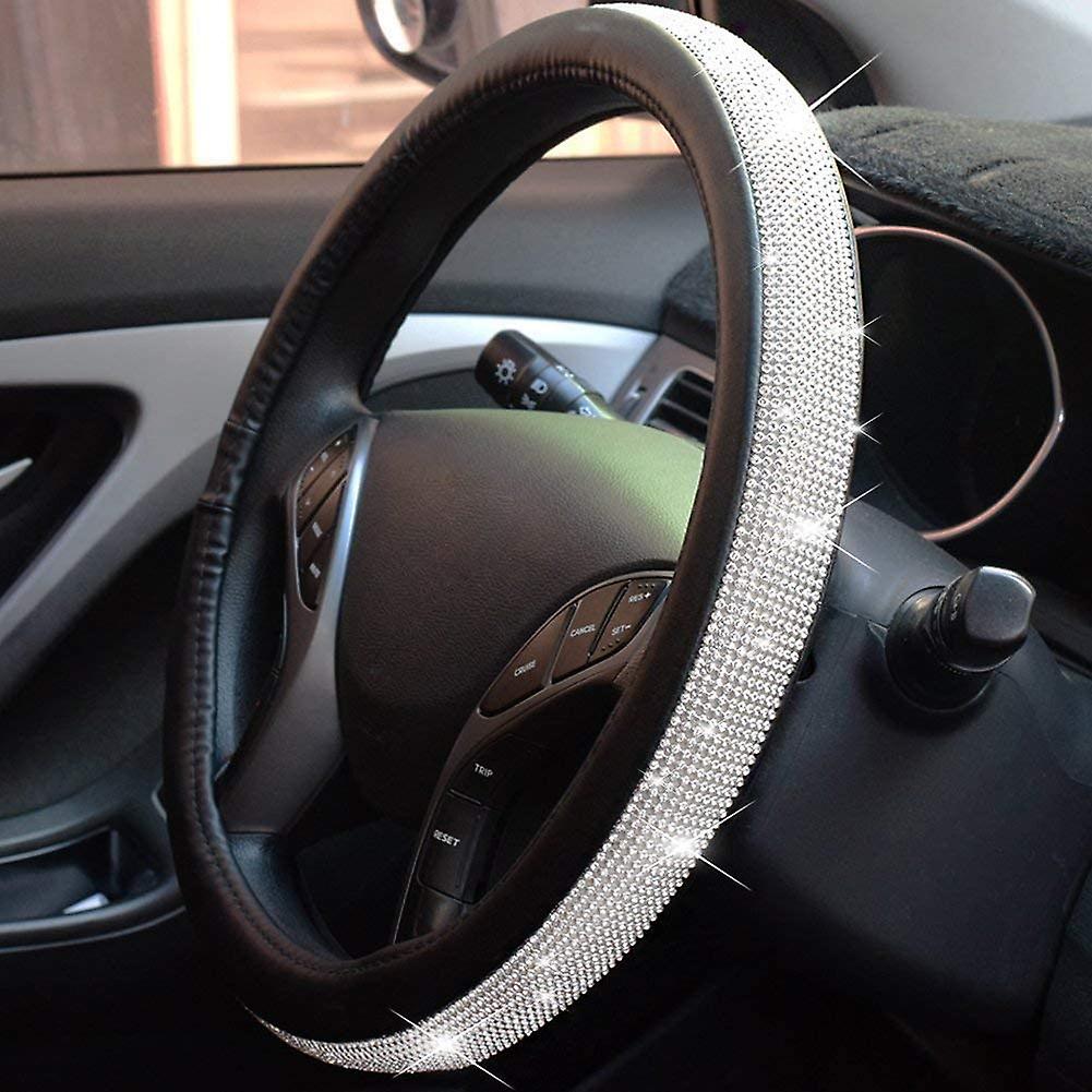 Bling Steering Wheel Cover For Women， Pu Leather Car Steering Covers With Crystal Rhinestones Universal Fit For 14.5 To 15 Wheel Standard Size Glitter