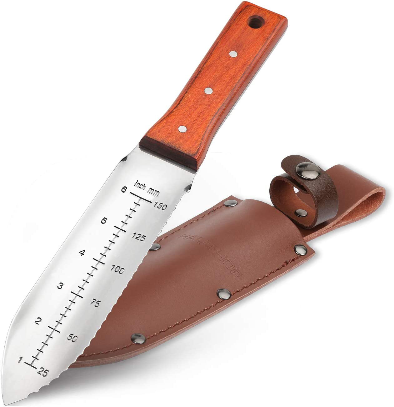 HAUSHOF Hori Garden Knife, Weeding & Digging Tool, 7” Blade, Full Tang, Wood Handle Gardening Knife with Leather Sheath