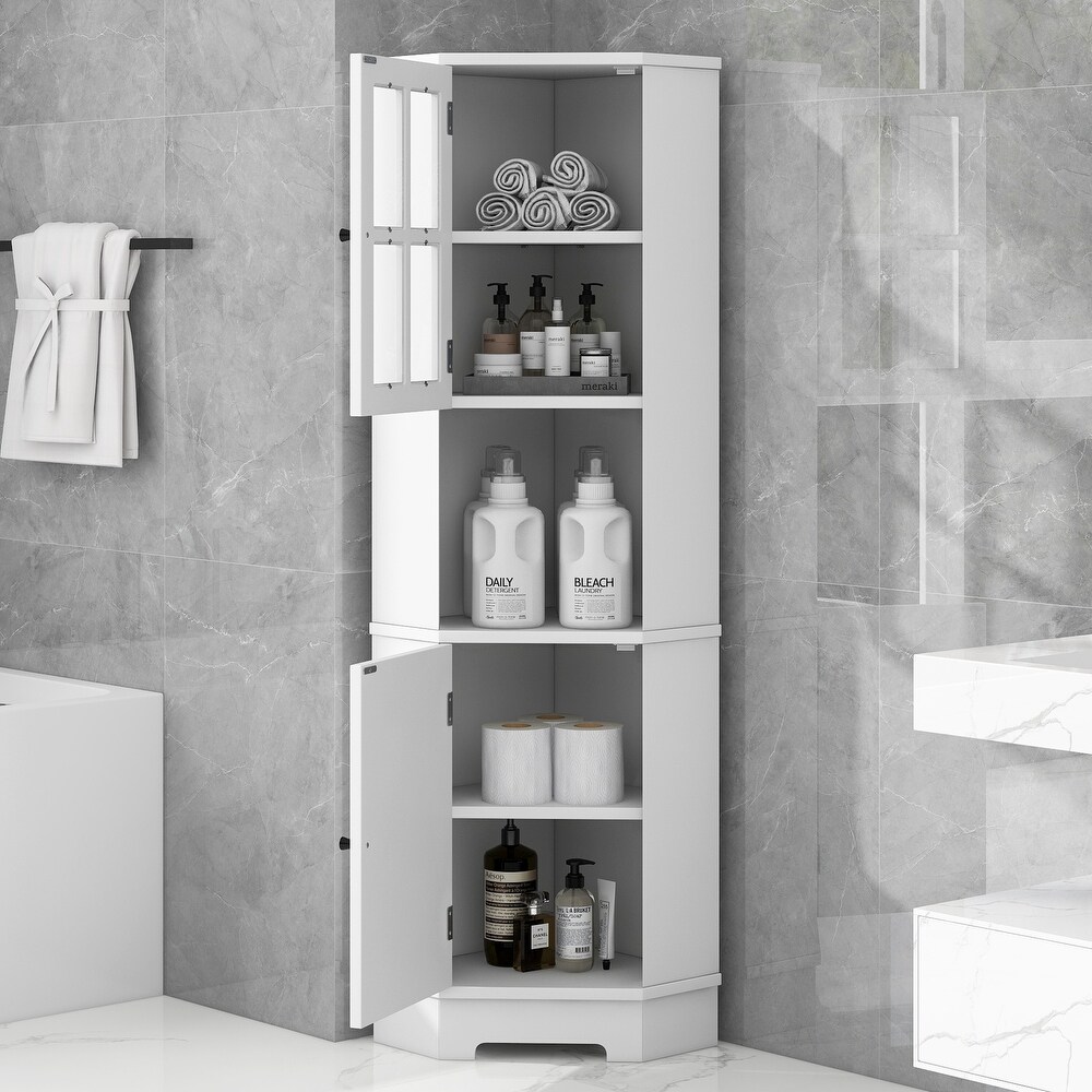 Tall Bathroom Storage Cabinet  Corner Cabinet with Glass Door  Open Storage  Adjustable Shelf