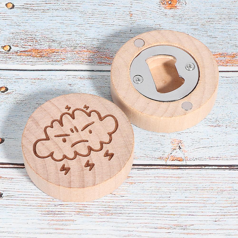 2Pcs Wooden Round Shape Bottle Opener Wood Fridge Magnet Decoration Kitchen Accessories(Smile + Thunder )