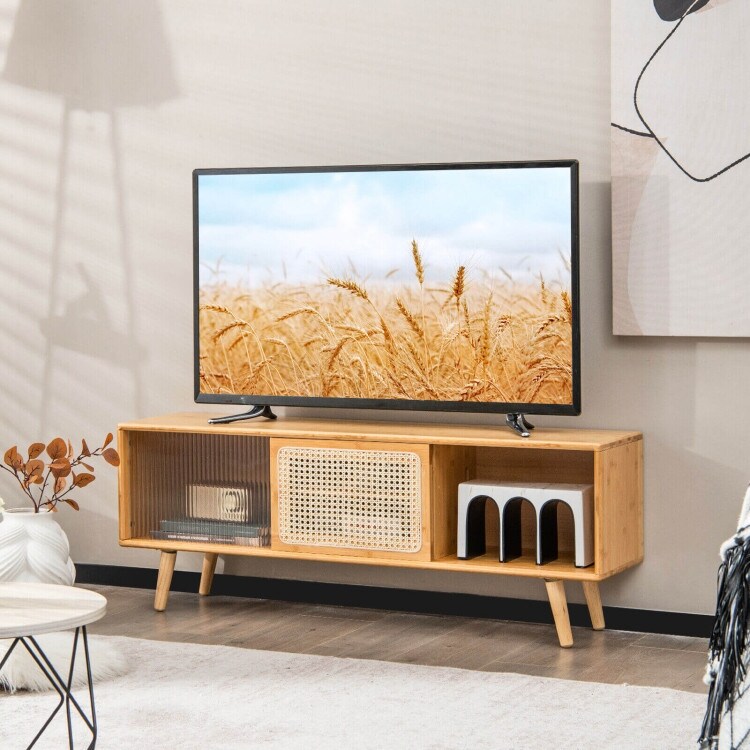 Modern TV Stand with Rattan Glass Sliding Doors Natural   47.5\