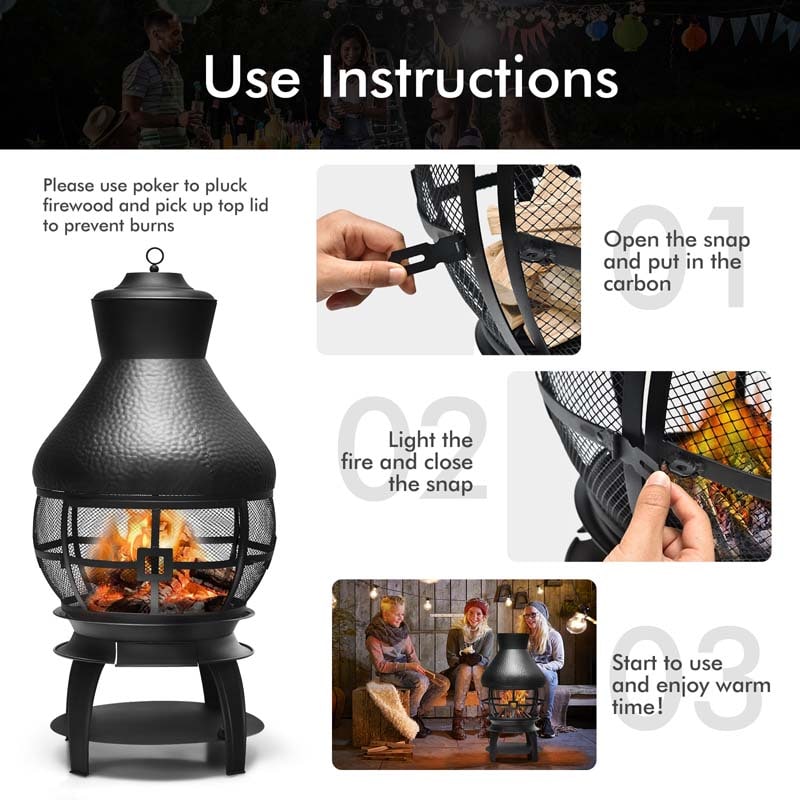 Outdoor Fireplace Chimenea Wood Burning Fire Pit with 2-Piece Log Grate, Premium Rain Cap & Fire Poker