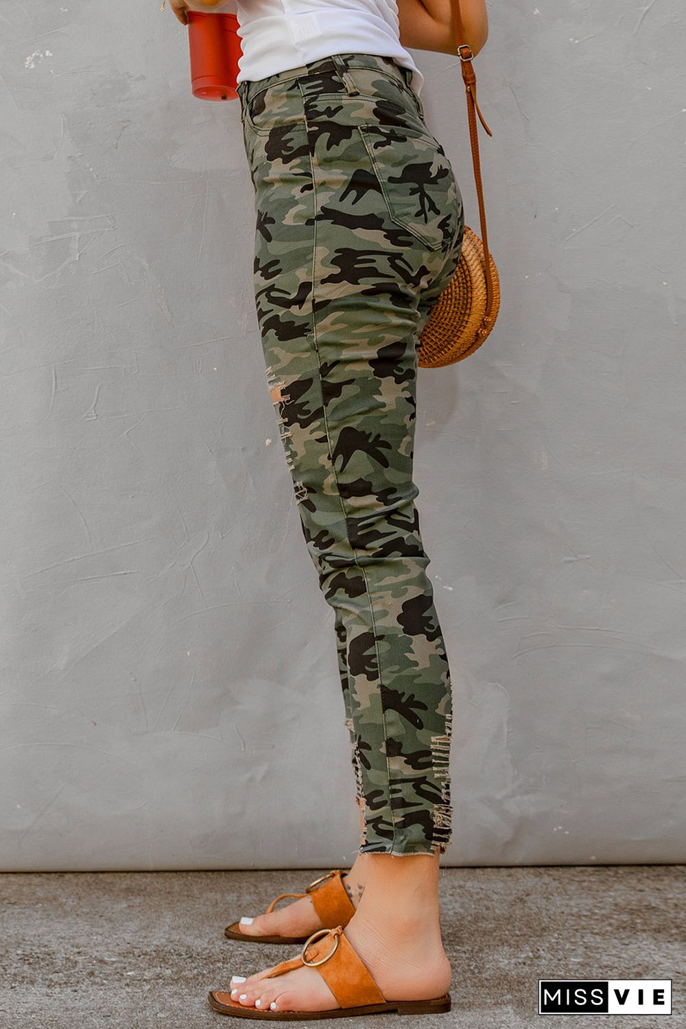 Green Camouflage Hollow out Skinny Jeans with Pocket