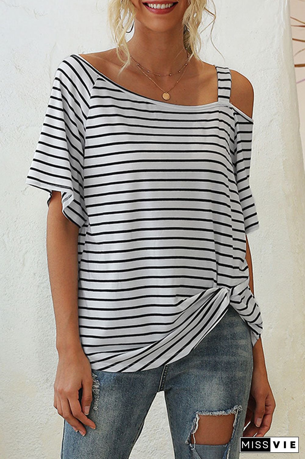 Fashion Street Striped Oblique Collar T-Shirts