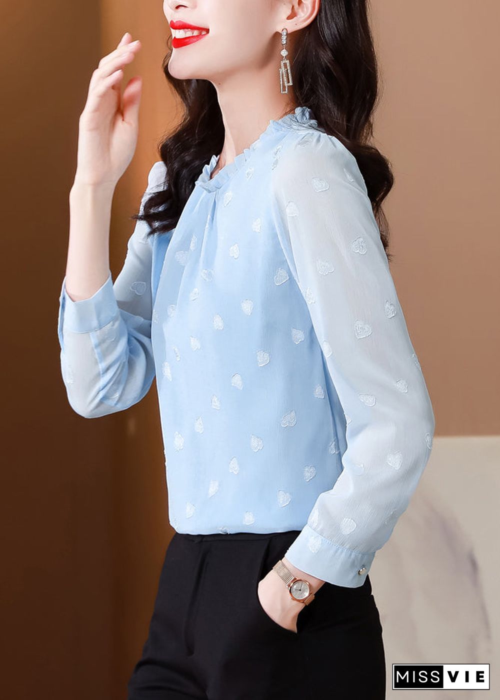 Boho Blue Ruffled Draping Chiffon Shirt Top Spring