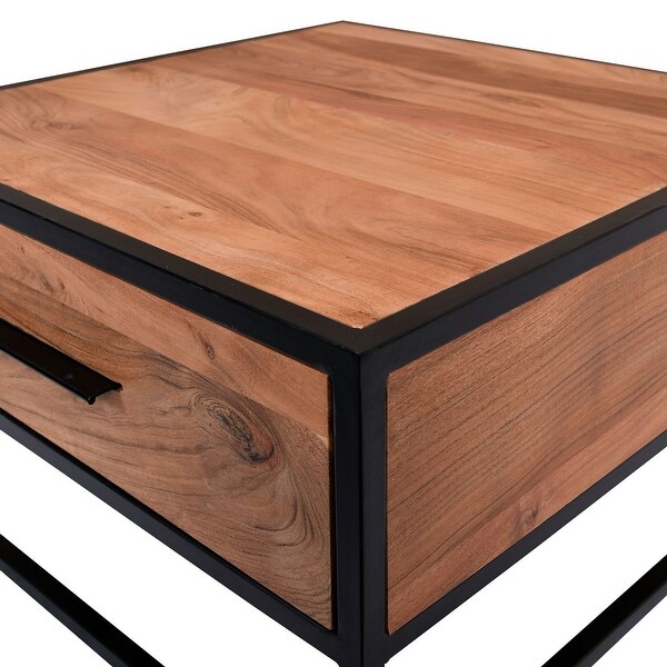 original Wood Grain 26 Inch Handcrafted Acacia Wood Accent Side End Table with A Drawer， Metal Frame， Easy Assemble