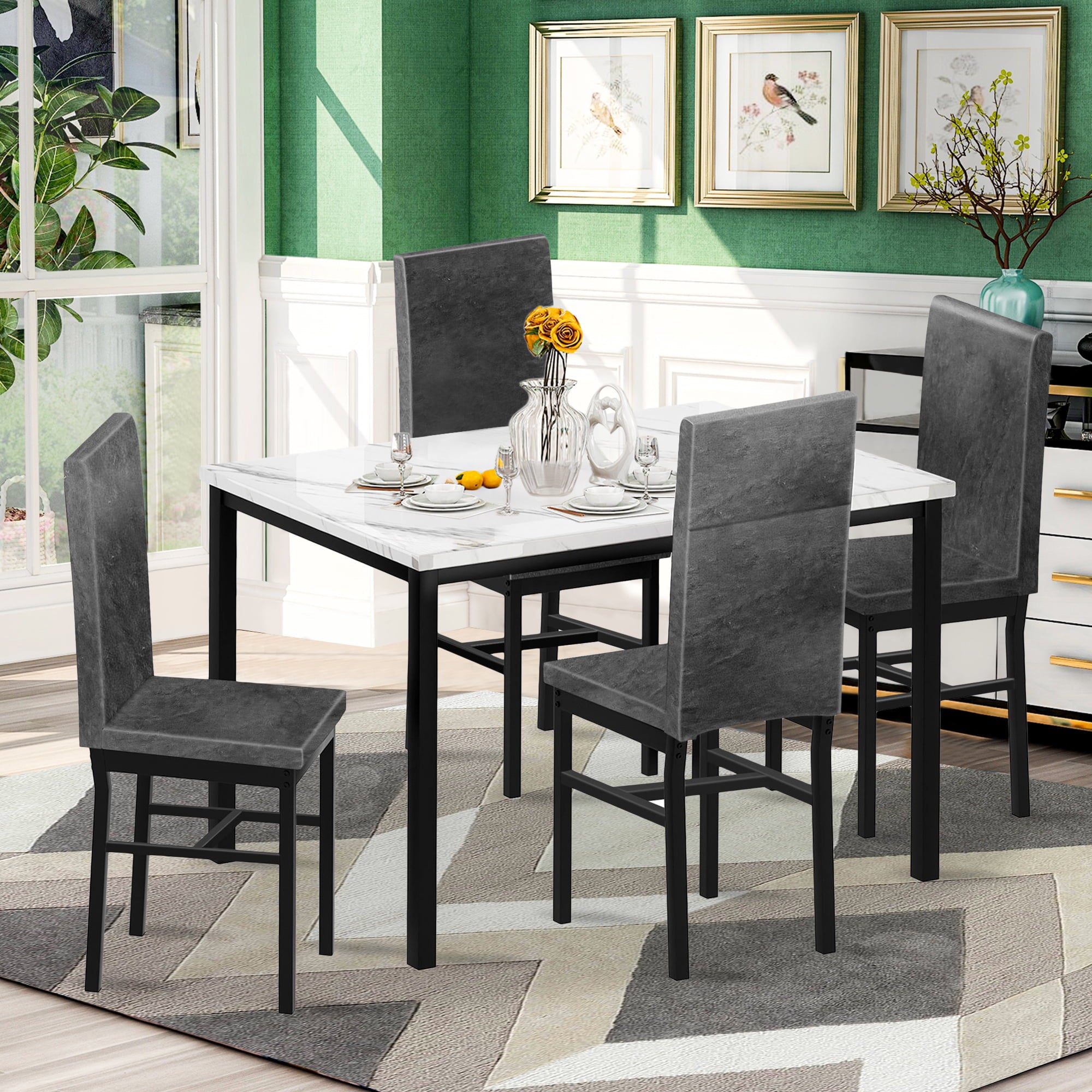 paproos Dining Table Set for 4, Modern 5-Piece Kitchen Table Set with Marble Top and Faux Leather Upholstery Chairs, Heavy Duty Dinette Sets for Breakfast Nook, Dining Room Table and Chairs, Gray