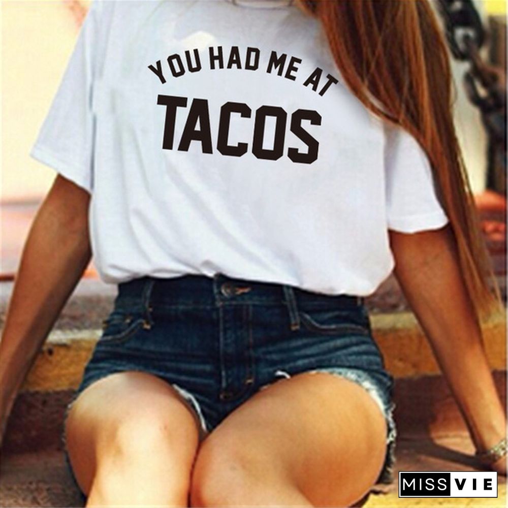 NEW Summer Women Ladies Short Sleeve Casual Loose You Had Me At Tacos Letter Printed T-shirt Top Plus Size