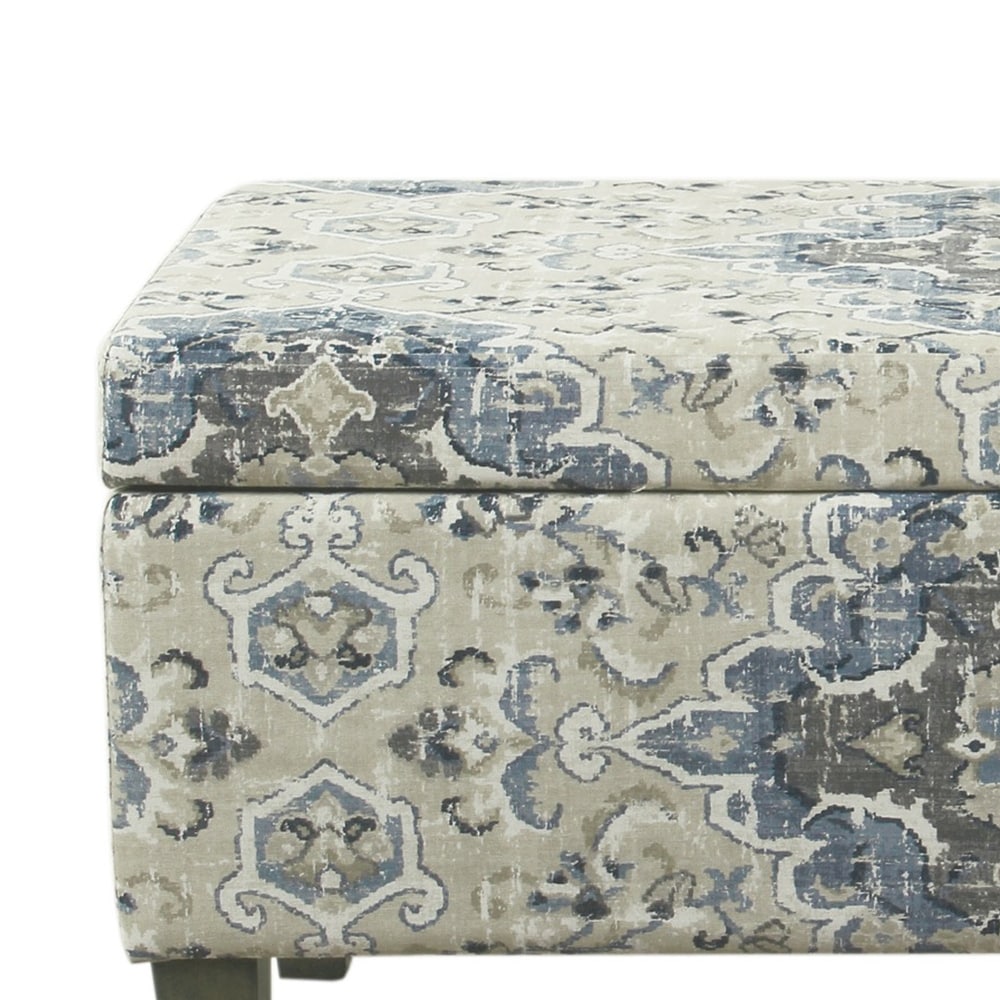 Medallion Print Fabric Upholstered Wooden Bench With Hinged Storage  Large  Blue and Cream   18 H x 36 W x 16 L Inches