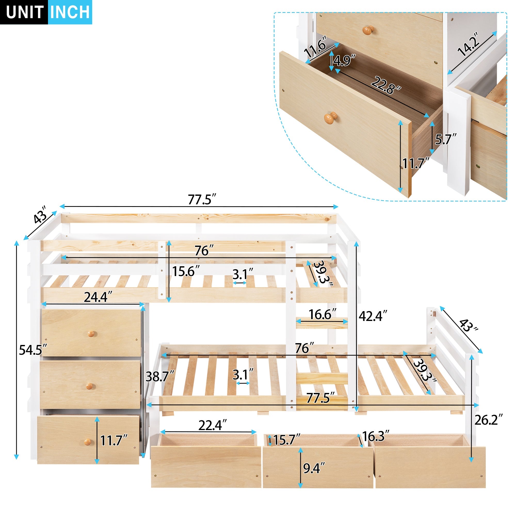 Twin over Twin Bunk Bed with Six Drawers for Kids Room, Natural