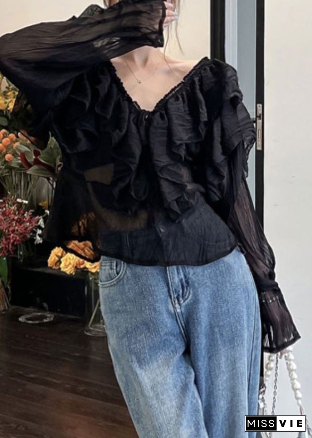 Sexy Black V Neck Ruffled Chiffon Shirts Long Sleeve