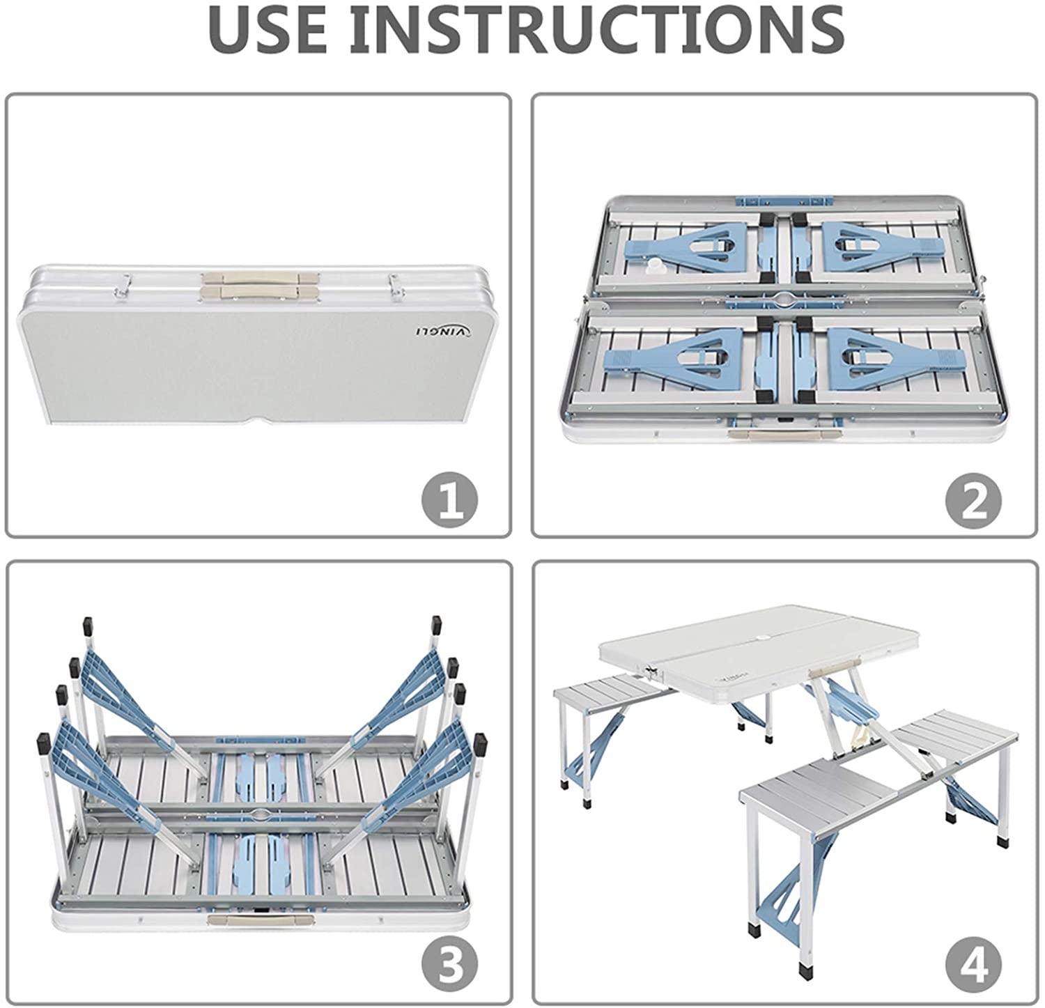 Folding Camping Picnic Table with 4 Seats with Patio Umbrella Hole， Portable Table Aluminum Alloy Frame with Soft Handle for Barbecue， Travel， Outing， Gathering