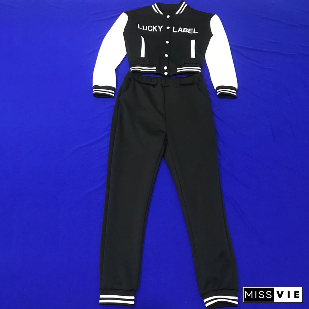 Letter Print Baseball Jacket Sporty Pants Set