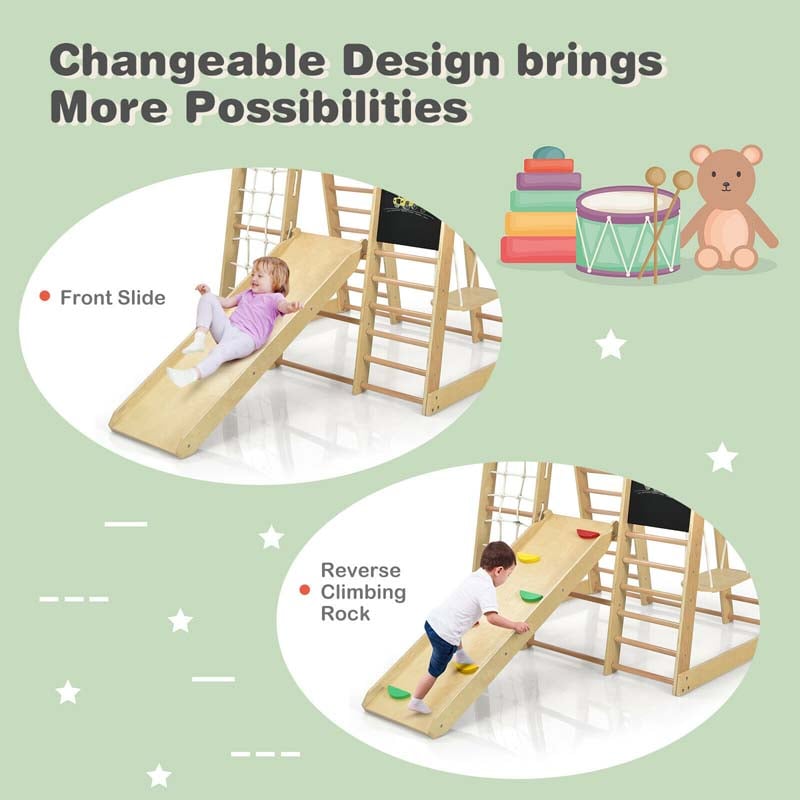 8-in-1 Wooden Climbing Toys for Toddlers, Kids Indoor Playground Jungle Gym Climber Playset with Slide