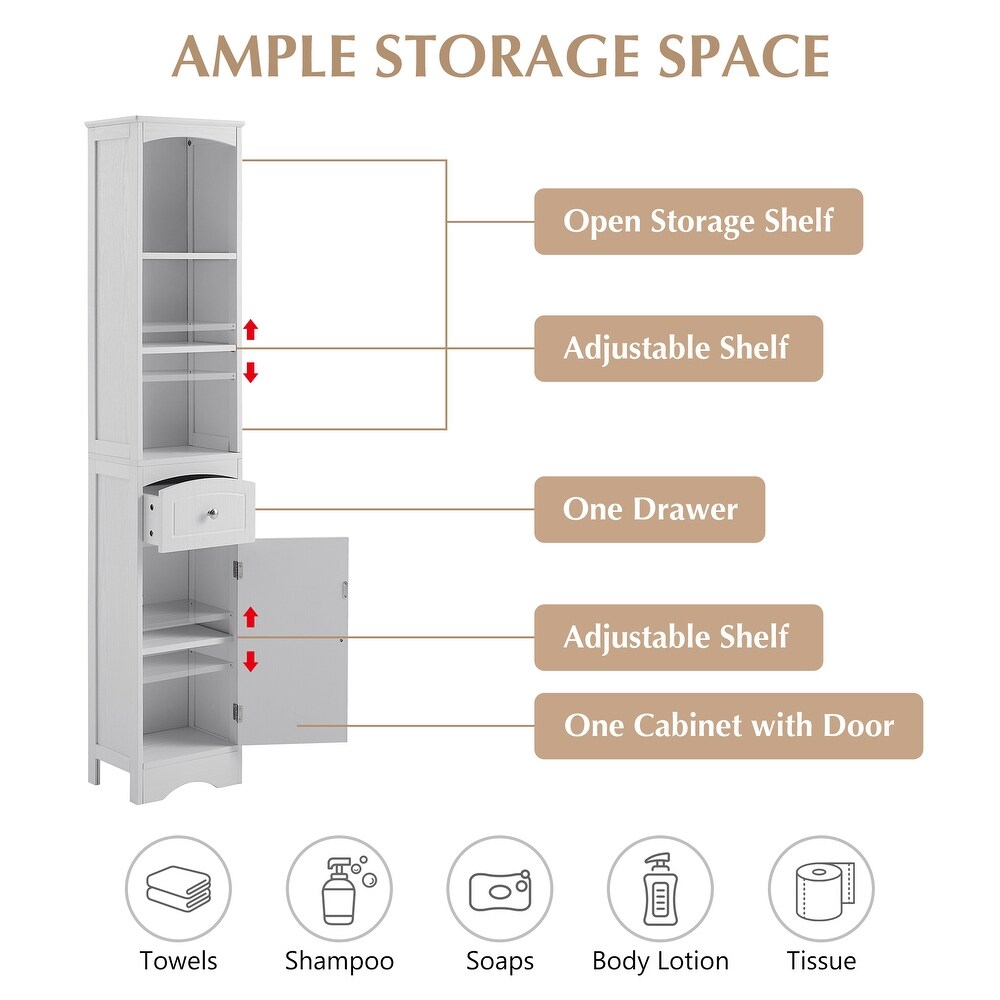 Linen Tower Floor Storage Cabinet with Drawer and Adjustable Shelf  Free Standing Tall Bathroom Storage Furniture Cabinet  White