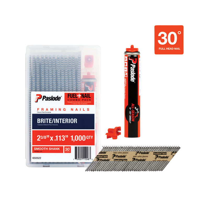 Paslode RounDrive 2-3/8 in. 16 Ga. Angled Strip Brite Fuel and Nail Kit 30 deg 1000 pk