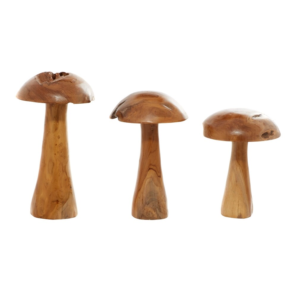 Brown Teak Wood Handmade Live Edge Mushroom Sculpture with Natural Smooth Finish (Set of 3)   S/3 16\