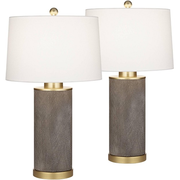 High Modern Glam Luxe Table Lamps Set Of 2 Gold Textured Gray Finish Ceramic White Shade Living Room Bedroom Bedside