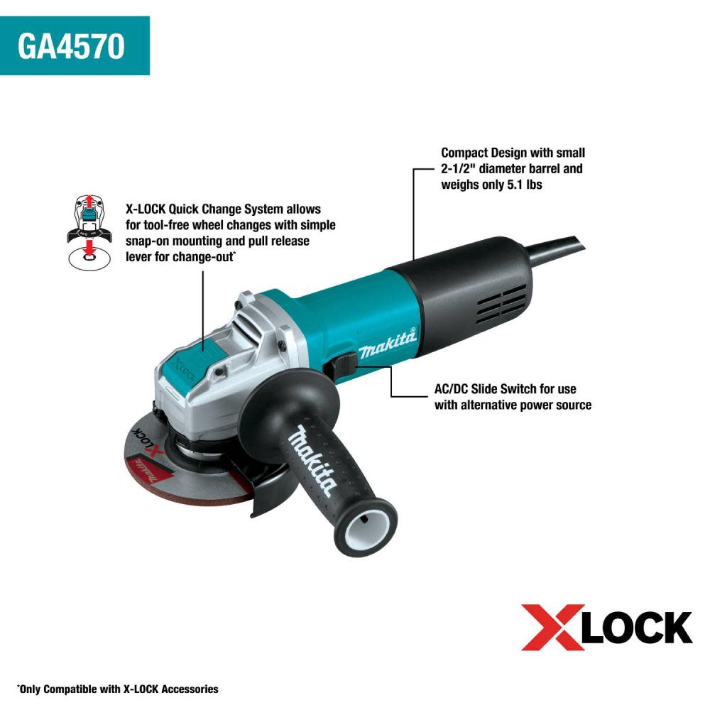 Makita 4-1/2 X-LOCK Angle Grinder， with AC/DC Switch