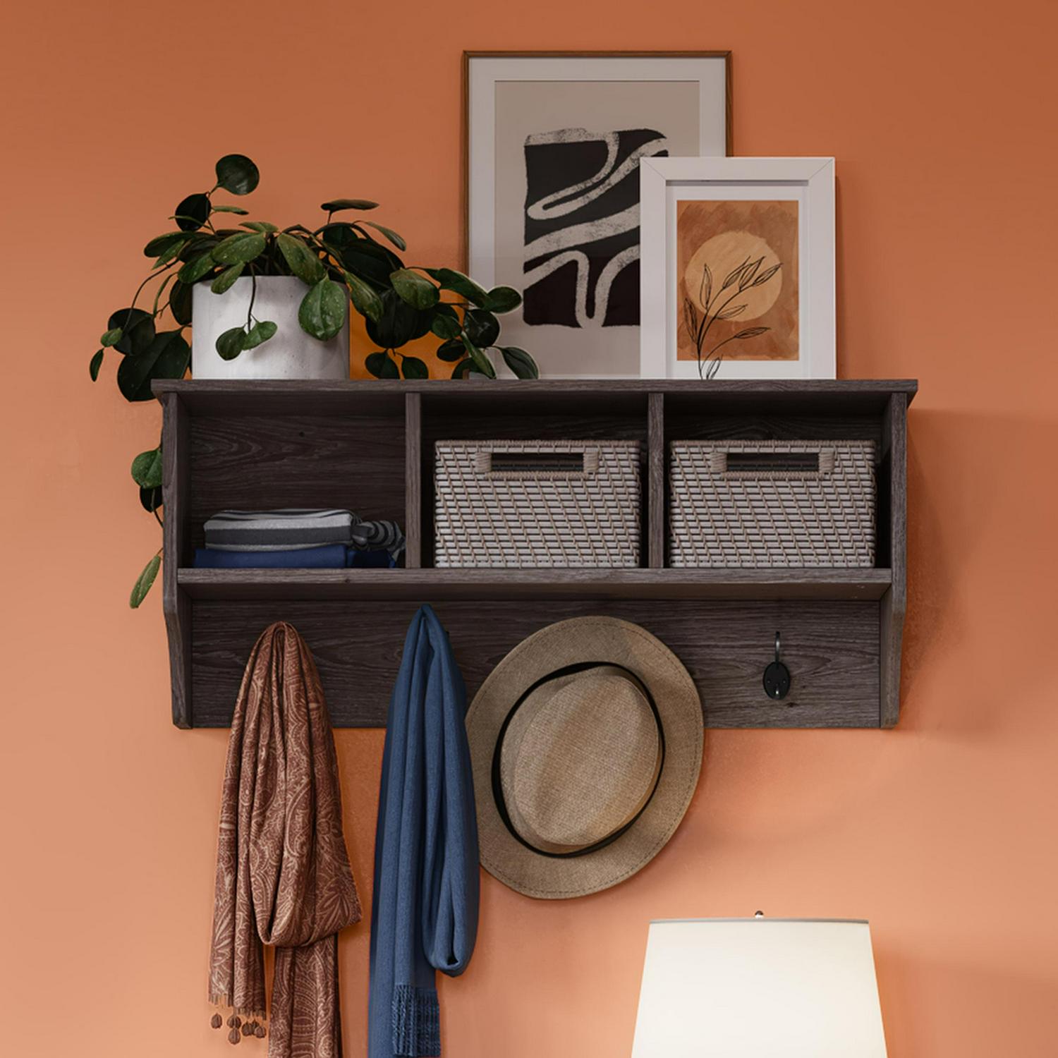 RiverRidge Home Woodbury Collection Wall Shelf with 3 Cubbies and 4 Double Hooks in Dark Weathered Woodgrain  Crowdfused