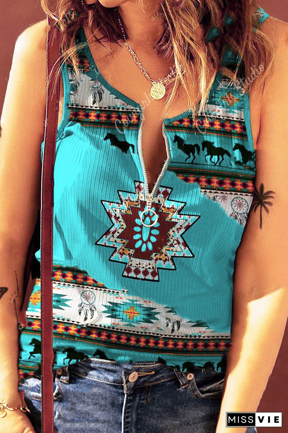 Turquoise Aztec Western Print Zipper Down Tank Top