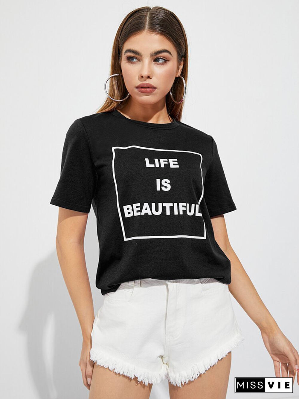 Slogan Print Short Sleeve Crew Neck Casual T-shirt