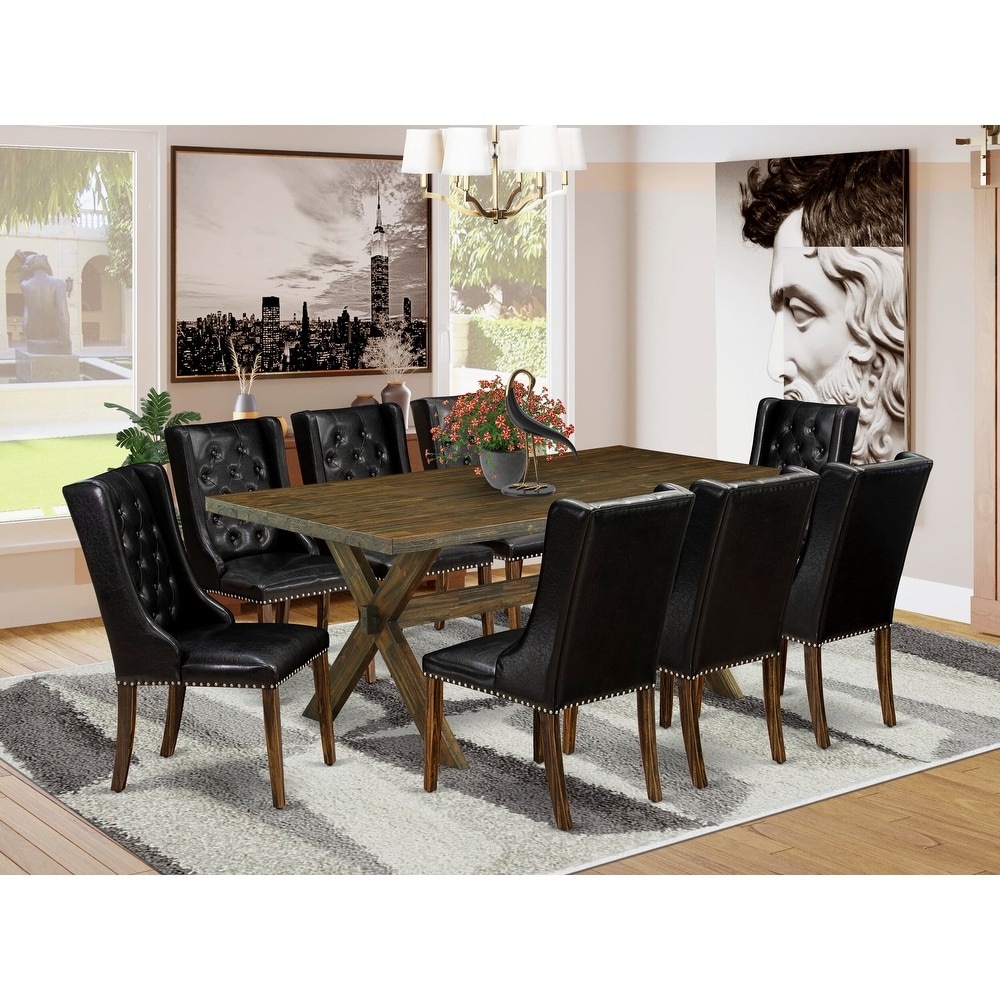 East West Furniture Dining Table Set  Wooden Table and Black Faux Leather Parson Chairs(Pieces   Finish Options)