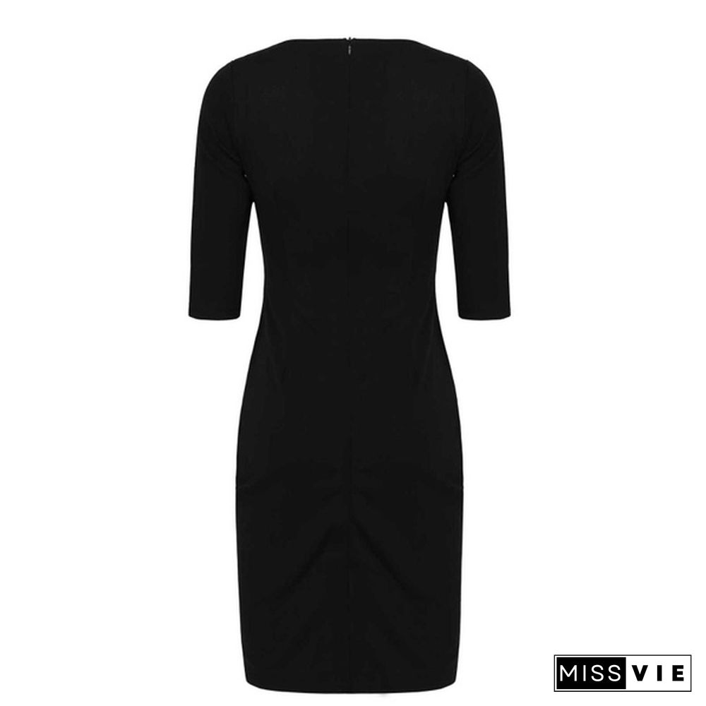 Office Ladies Attire Work Office Dresses One-Piece Round Ruffle Lapel Collar 3/4 Sleeve Slim Bodycon Pencil Outfits