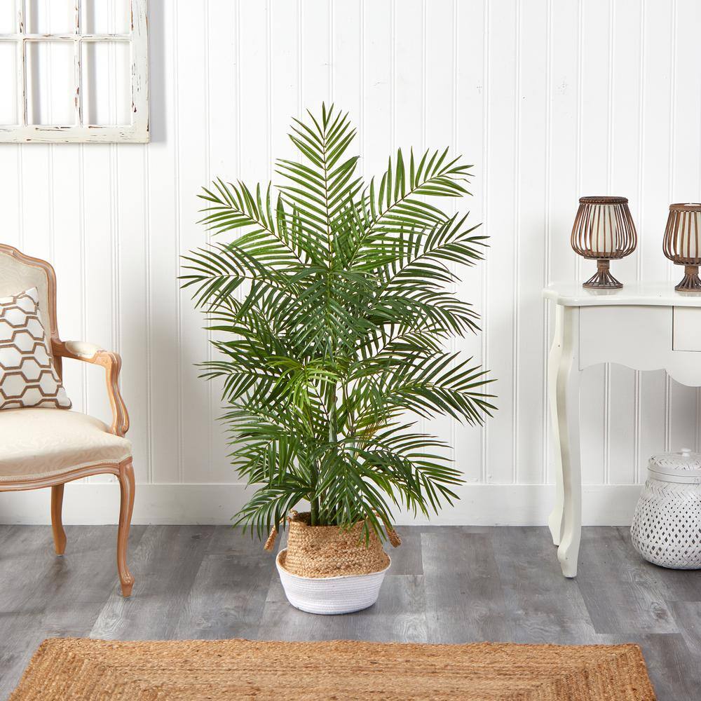 Nearly Natural 4 ft. Green Areca Artificial Palm in Boho Chic Handmade Cotton and Jute White Woven Planter T2931