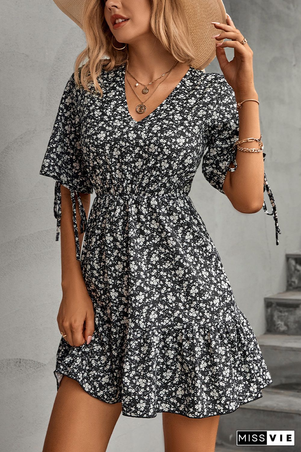 Floral Print V Neck Short Dress Wholesale