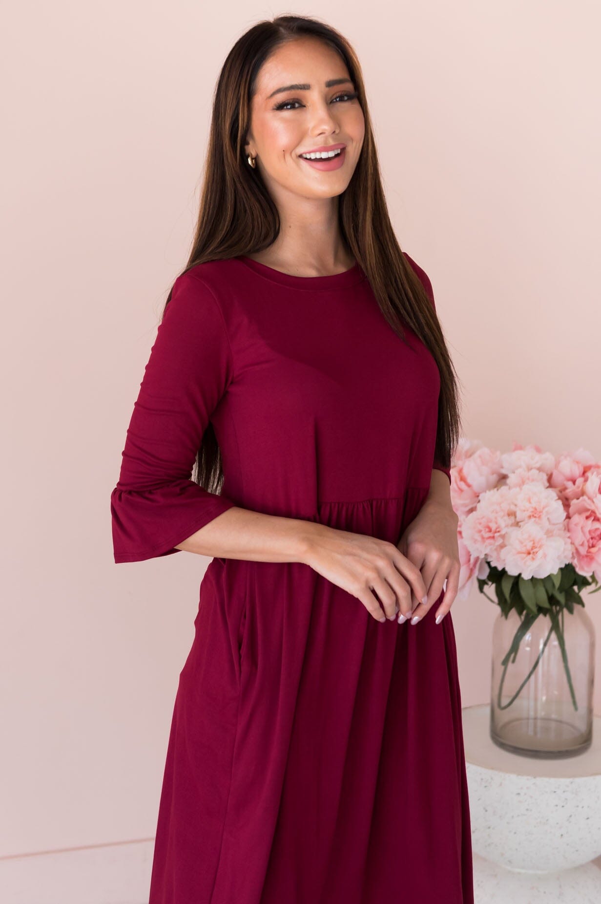 Zadie burgundy bell-sleeved crew neck gown