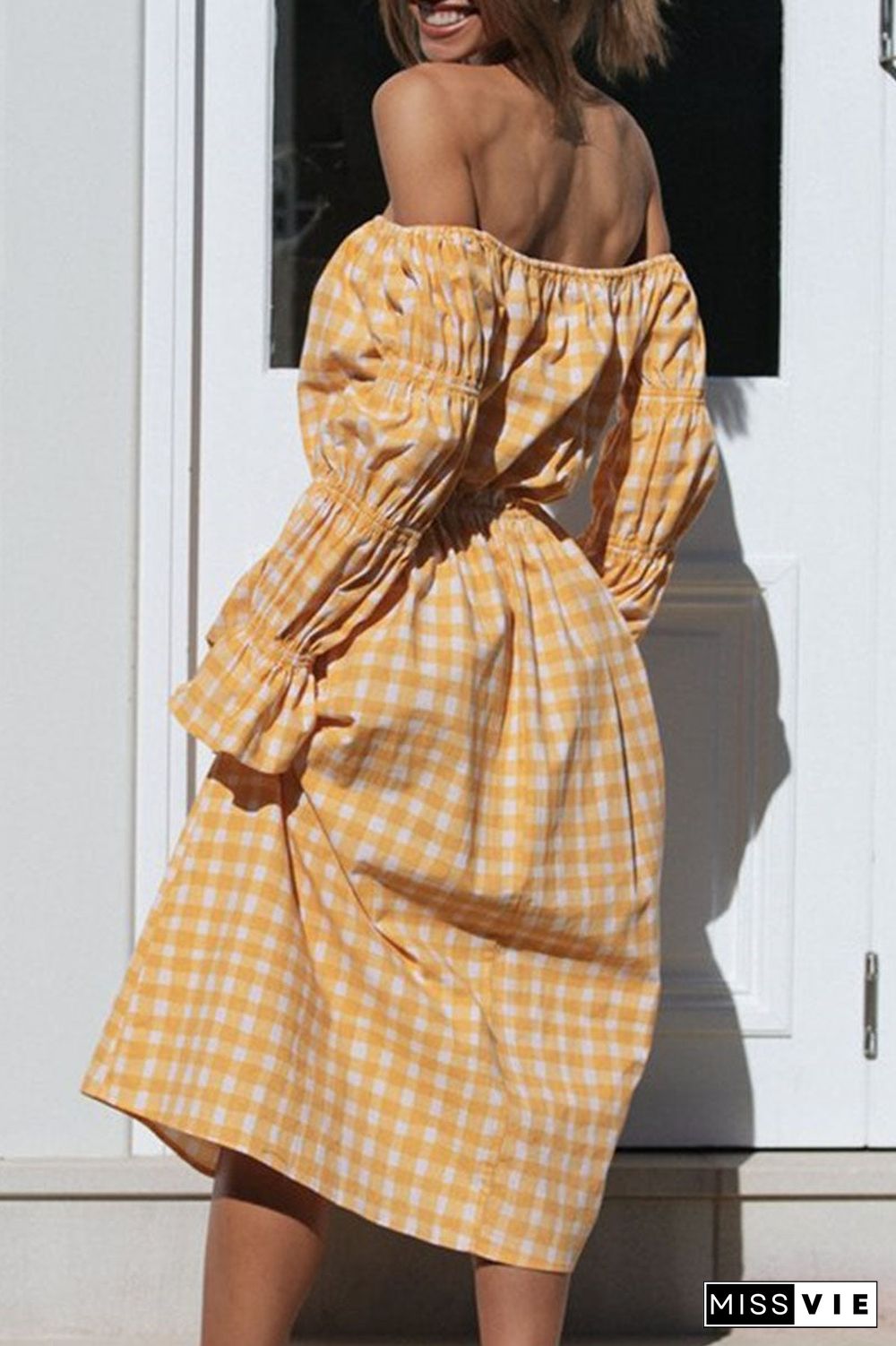 Fashion Street Plaid Split Joint Off the Shoulder Waist Skirt Dresses