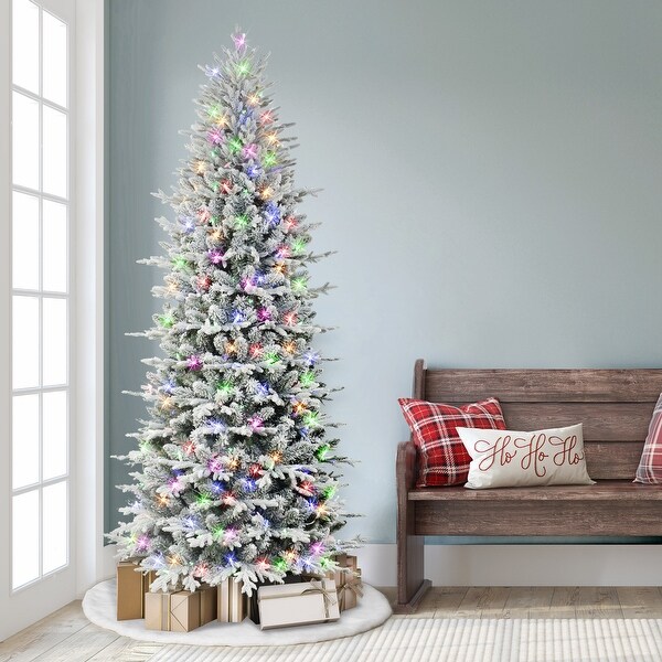 Puleo International 7.5 ft. Prelit Slim Flocked Northern Fir Artificial Christmas Tree