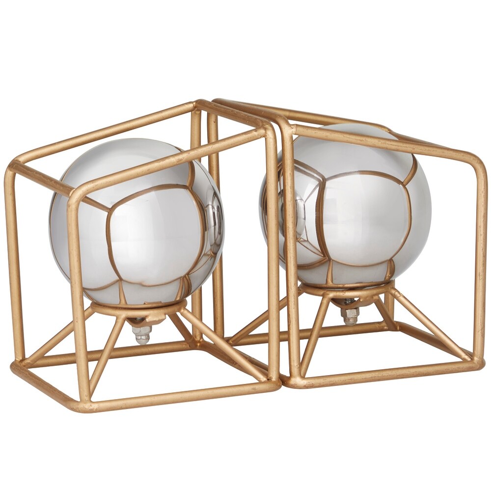 Silver Stainless Steel Orb Geometric Bookends with Gold Base   5.10W x 5.15 L x 5.85H