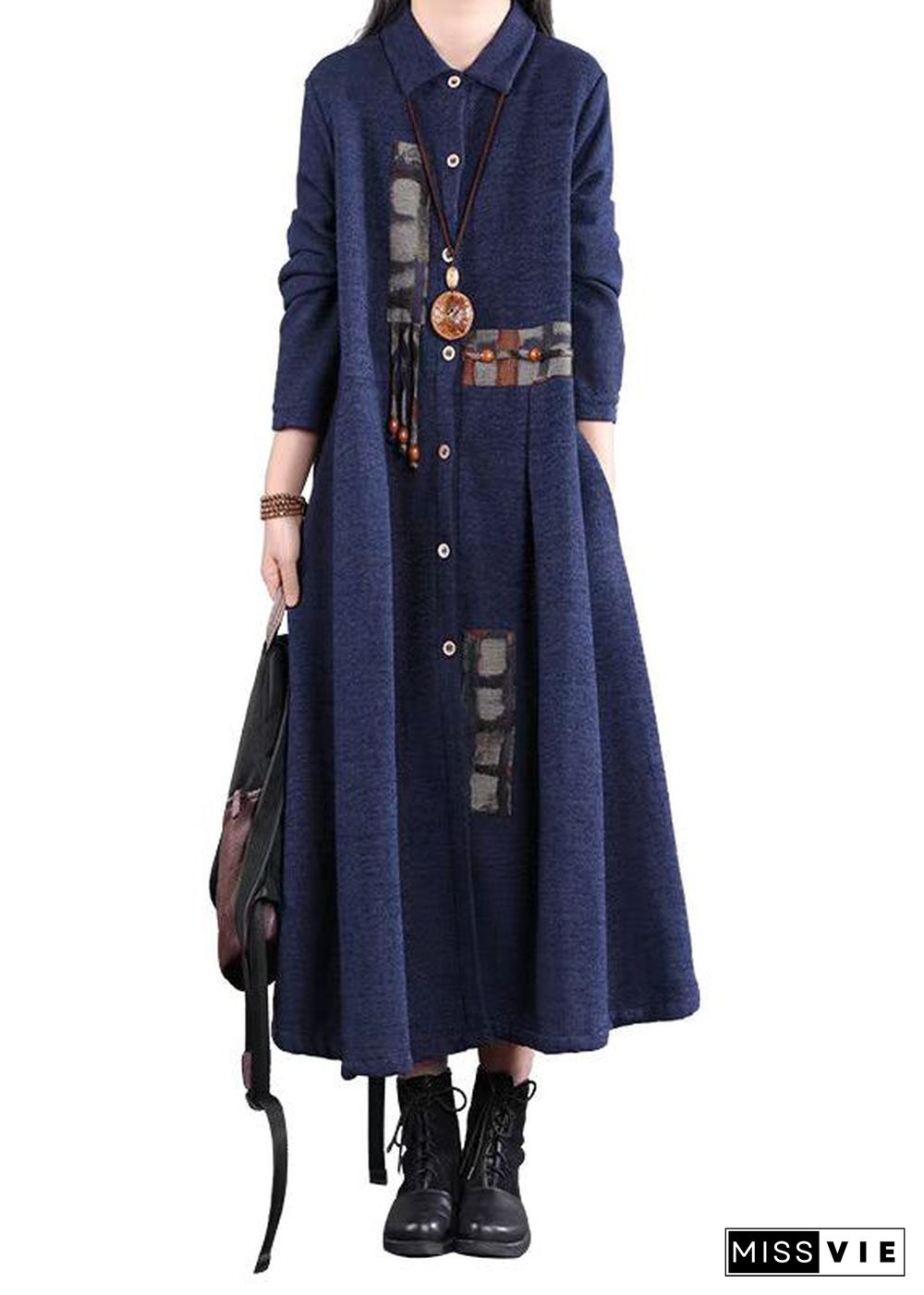 Casual Navy Peter Pan Collar Patchwork Warm Fleece Long Dress Winter