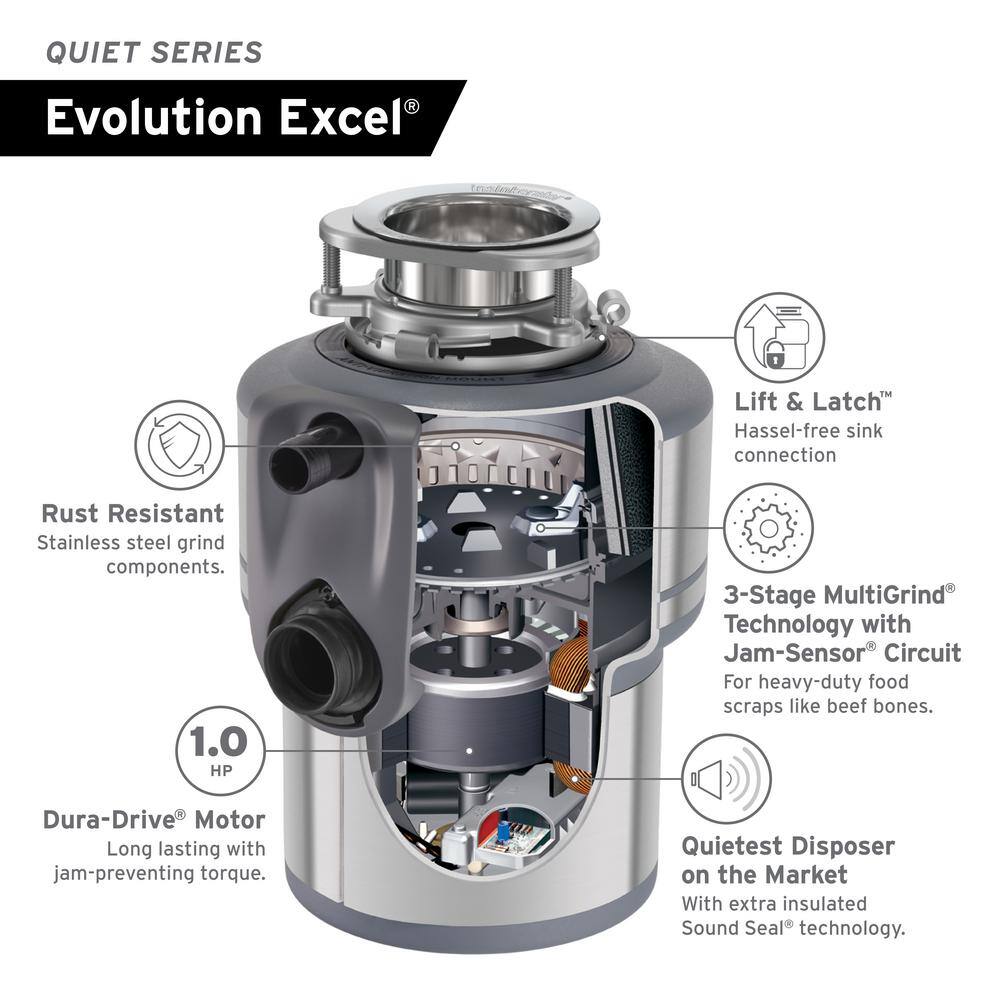 InSinkErator Evolution Excel Lift  Latch Quiet Series 1 HP Continuous Feed Garbage Disposal with Power Cord Kit Excel wCRD-00