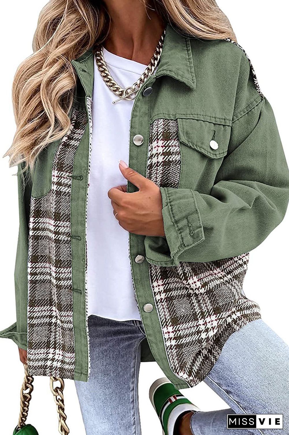 Plaid Splicing Open Button Denim Jacket