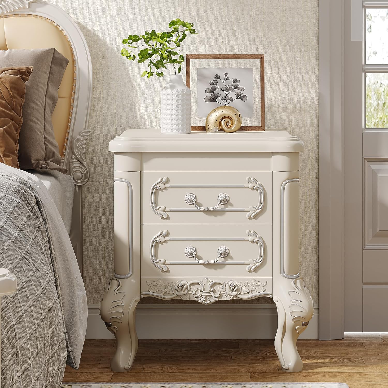 Carved Nightstand, White Bedside Table End Table with 2 Drawers