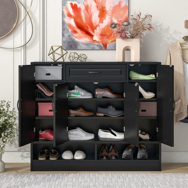 Modern Shoe Cabinet with Adjustable Shelves， Shoe Storage Organizer with 3 Cabinets - - 37999974